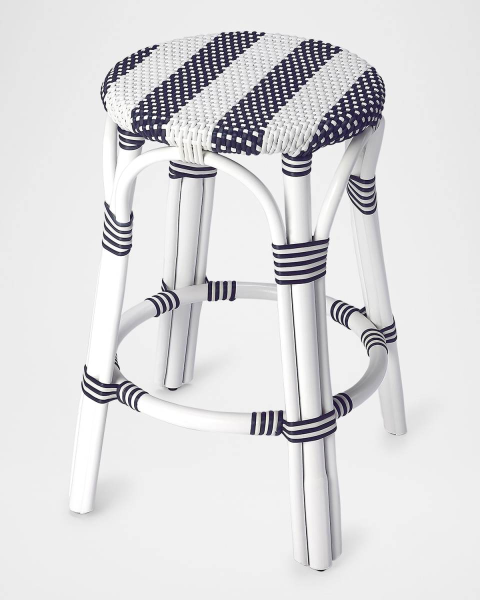 Tobias 24" Rattan Counter Stool, White/Navy Stripe